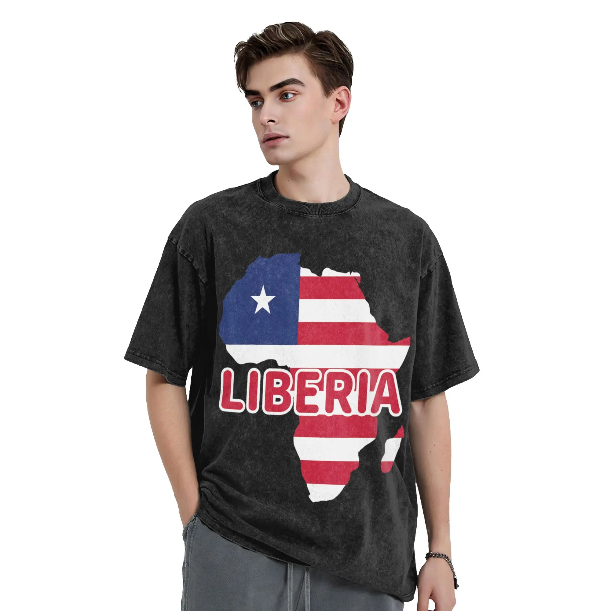 Liberia Liberian Pride Flag Map Africa Washed T Shirt Streetwear T-Shirts Tees for Men Women Short Sleeve Harajuku Summer