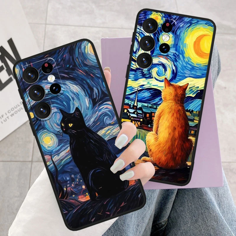 Art Starry Sky Cat For Samsung M62 M52 M33 M32 M31 M30 M23 M22 M21 Note 20 10 Ultra Plus Black Phone Case