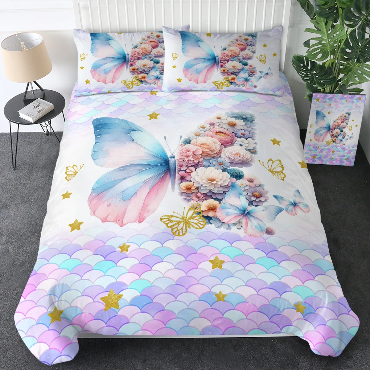 Butterfly Consisted with Flowers Printed Duvet Cover Set with Two Pillowcases Bedding Set For Kids and Adults Bedroom Decor