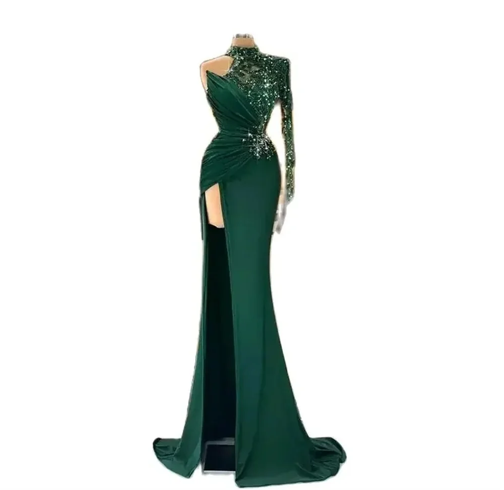 

Sexy Deep V-Neck Evening Dress Long Sleeves Shiny Sequin Sheath Feather Prom Dress Long Cocktail Gown Special New Party Dress
