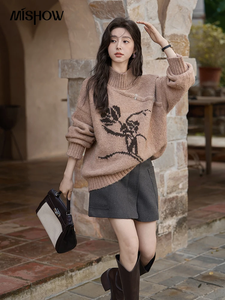 MISHOW Chinese Hollow Out Sweaters for Women 2024 Autumn Winter Loose Casual Design Sweet Floral Knitted Pullovers MXD36Z0888