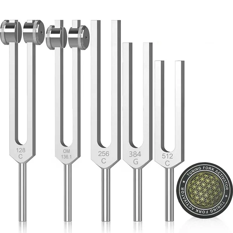 AEE6-Resonance Tuning Forks For Healing Set,Aluminum Alloy Tuning Fork 128Hz,136.1Hz,256Hz,384Hz,512HZ &Hockey Puck Activator