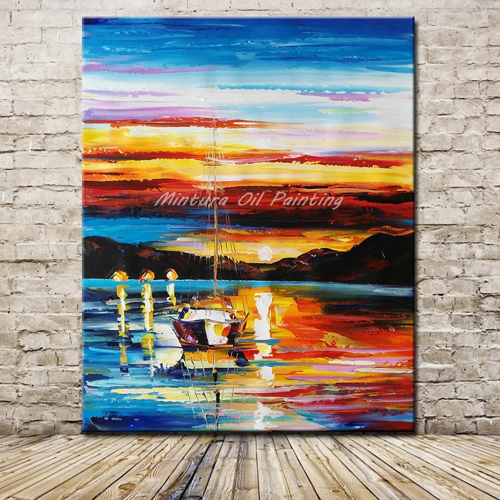 

Mintura,Art Hand-Painted Thick Boat Landscape Oil Painting on Canvas,Modern Abstract Wall Art Picture for Living Room Home Decor