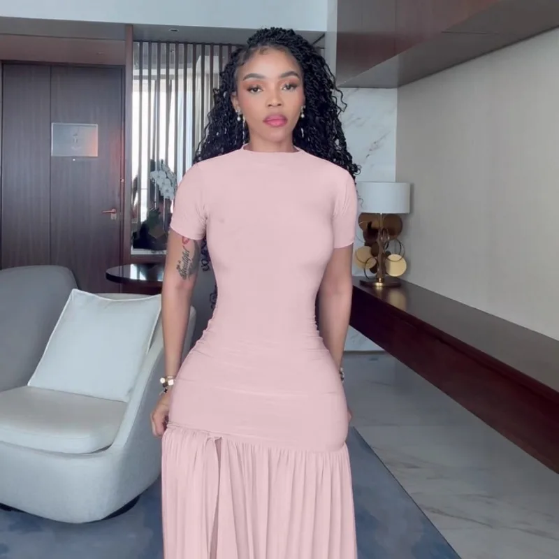 

Dress Women's Summer Round Neck Solid Color Fitted Slit Patchwork New Comfortable Minimalist Fashionable Niche Versatile Elegant