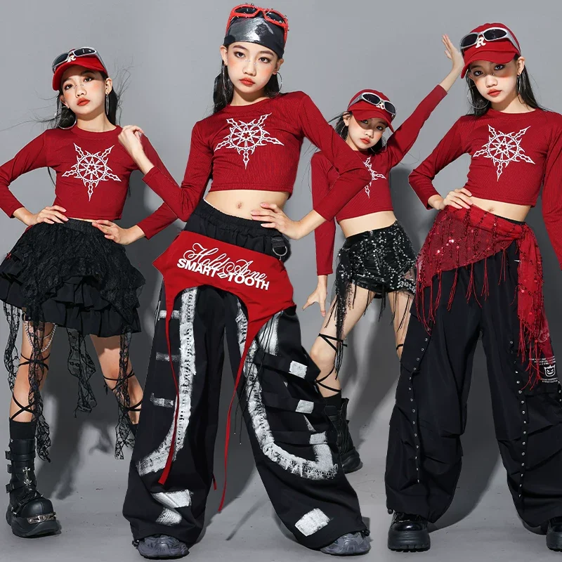 

Hip Hop Girls Practice Clothing Red Tops Baggy Pants Jazz Dance Costumes Fashion Long Sleeve Street Dance Wear Stage Show Set