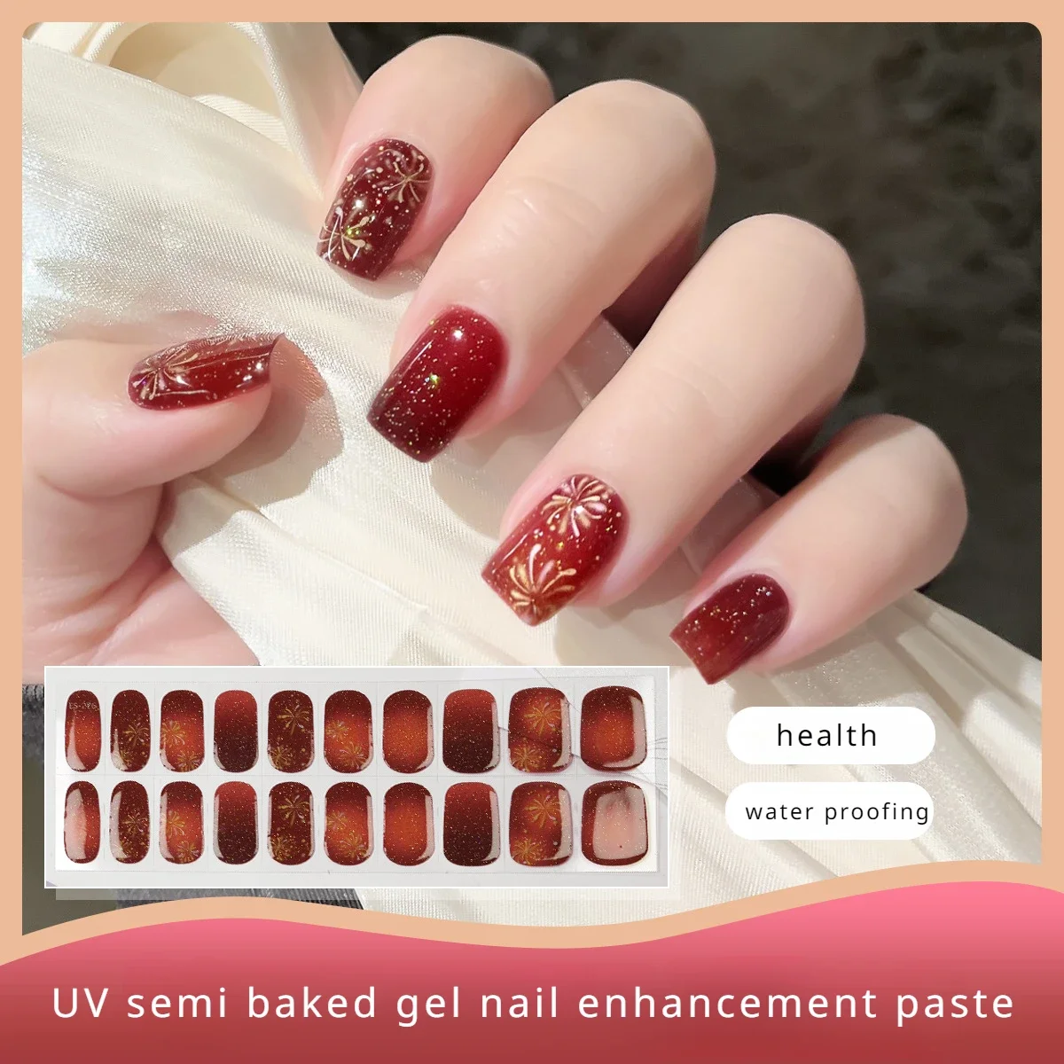 20 Finger Fireworks Design Semi Cured Gel Nail Strips French Long-Lasting Nail Sticker Slider Full Cover Decal Press on Nails