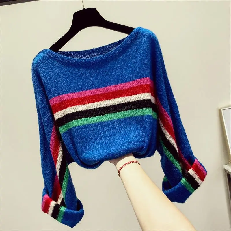 Female Fashion Loose Color Striped Knitted Pullovers Autumn Winter Women\'s Clothing Korean All-match Long Sleeve Thin Sweaters