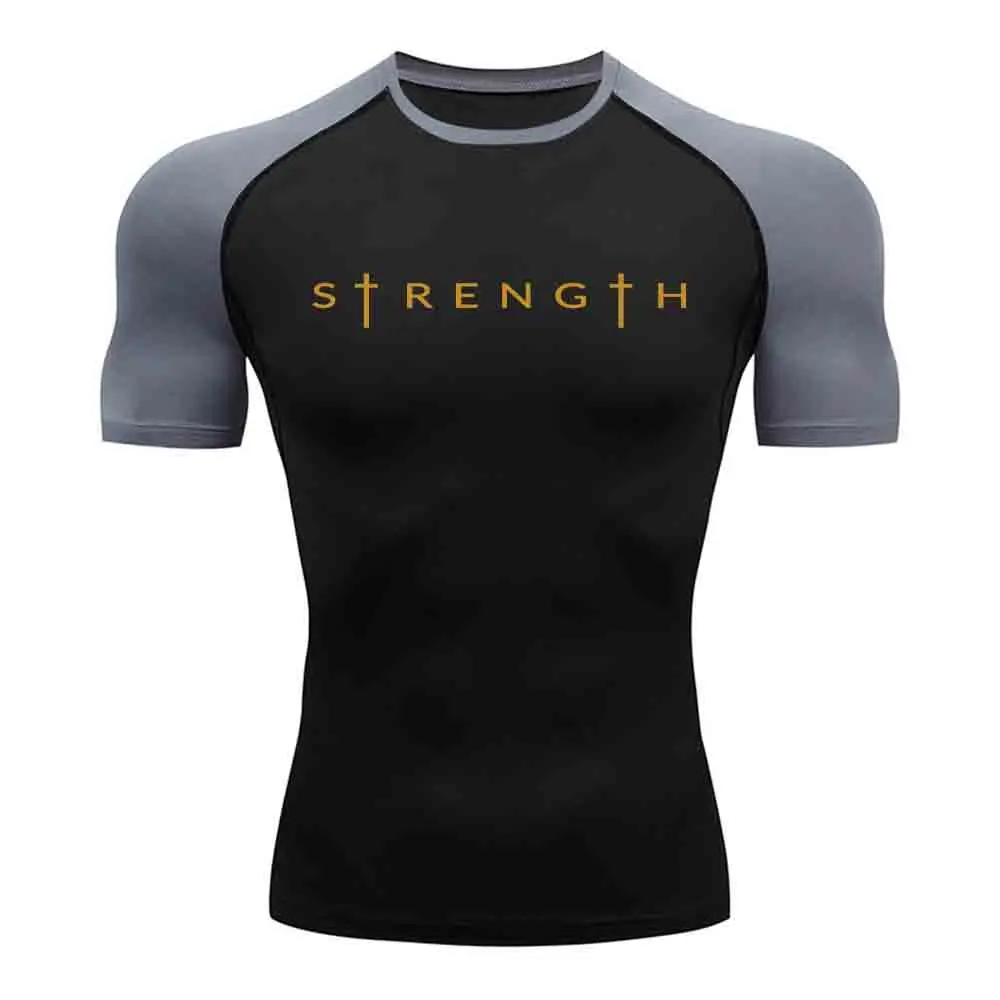 Men's Sports Quick Drying T-Shirt With Print Of The Word Strength Stretchy And Breathable Suitable For Fitness And Casual Wear