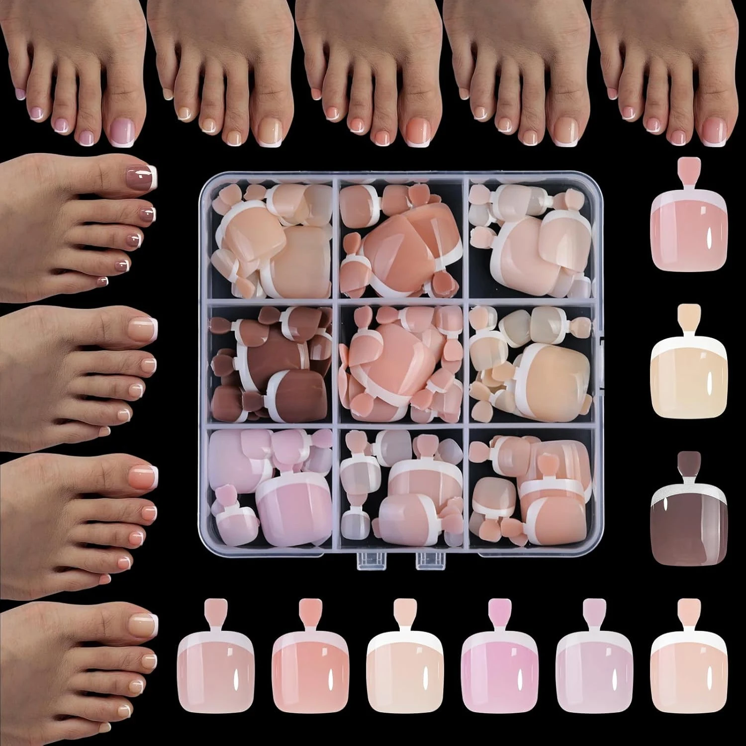 108Pcs Glossy Soft Gel Toe Nail Tips, 9 Colors Soak Off Press On Toenails Square Fake Toes, Artificial Full Cover Nail Art Tips