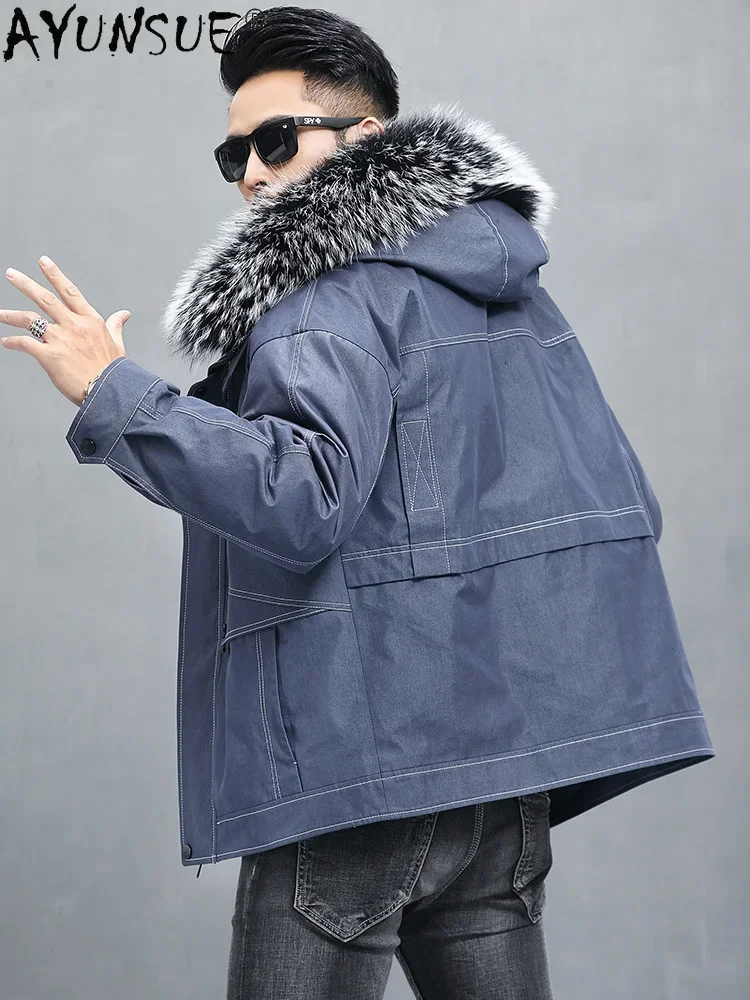 AYUNSUE Warm Thick Raccoon Fur Collar Jackets Men Winter 2025 Hooded Real Rabbit Fur Liner Parkas Male Chaquetas Hombre Gxy776