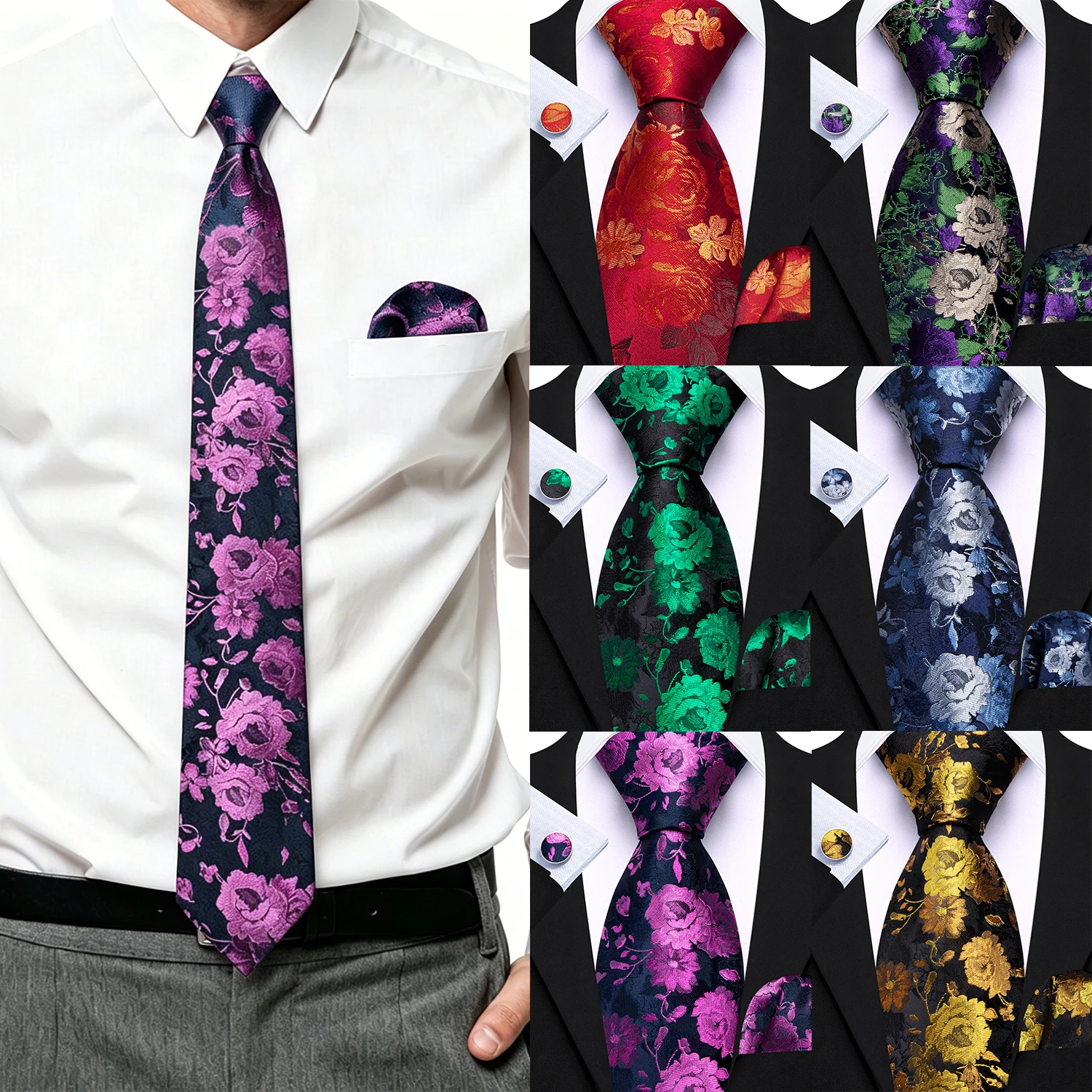 Men's Floral Jacquard Tie Set Necktie Pocket Square Cufflinks 3Pcs Formal Wedding Business Suit Accessories Purple Red Silk Blue