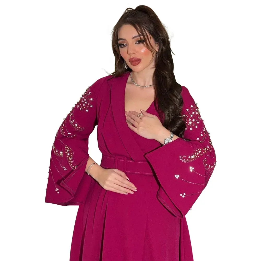 Abaya, vestido muçulmano de diamante com conjunto de calor de Dubai, robe longo elegante e elegante para mulheres com temperamento, incluindo cinto S-XXL