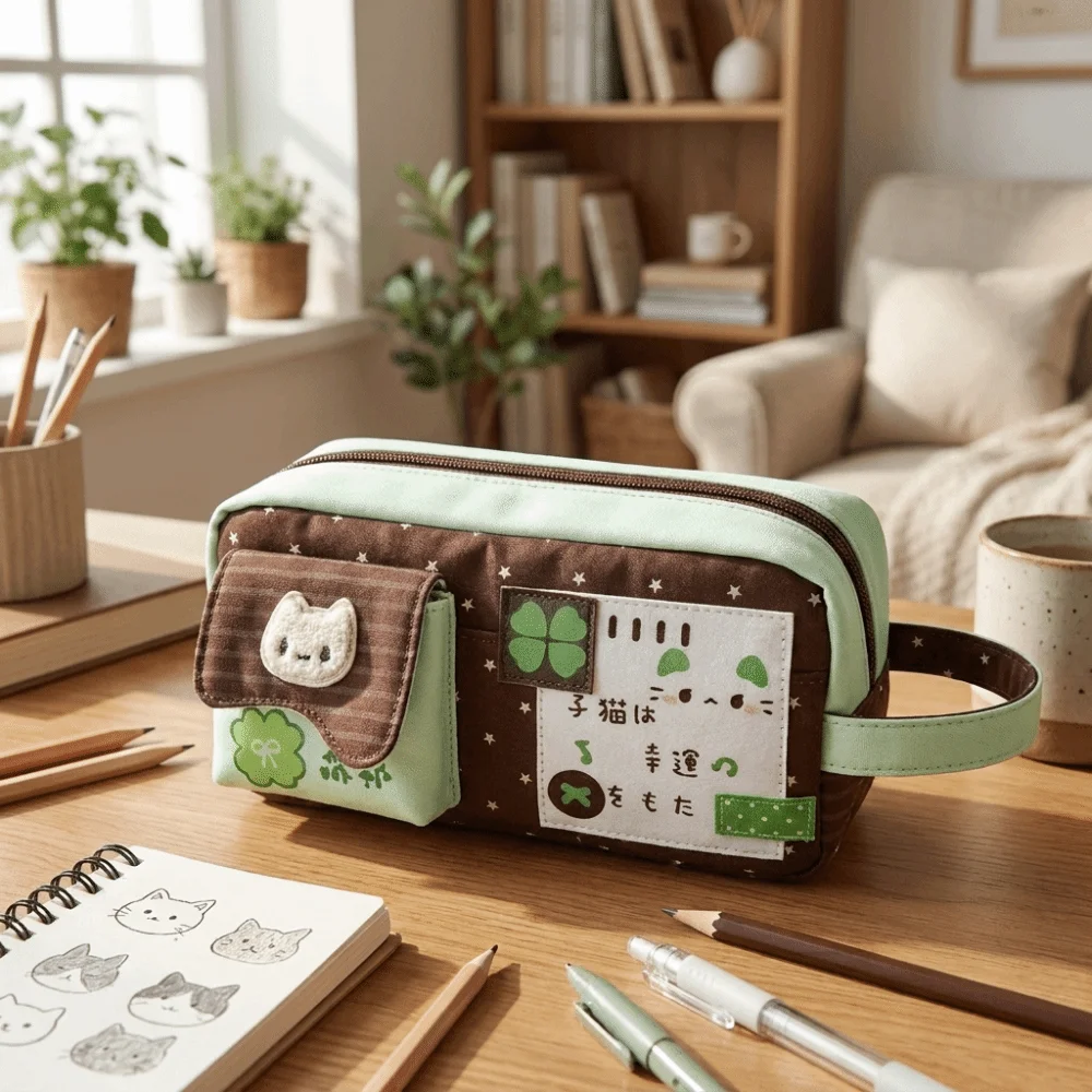 Canvas Cartoon Cat Print Pencil Case Large Capacity Four-Leaf Clover Print Stationery Bag Multi-Pocket Zipper Pen Pouch Student