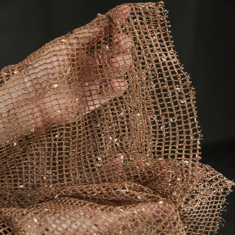 Brown Caramel Textured Mesh Fabric Reconstructed Fishnet Hollow Out See Through Yarn for Dress Sewing Fashion Apparel Material