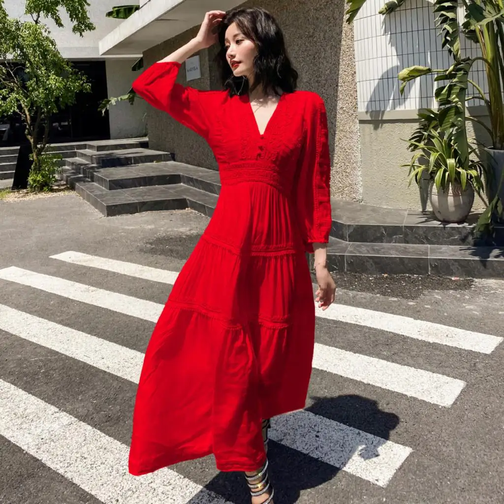 Jaastie V-Neck Spring Autumn Dress Women Bohemian Retro Embroidery Long Dresses Hippie Casual Boho Beach Holiday Maxi Dress