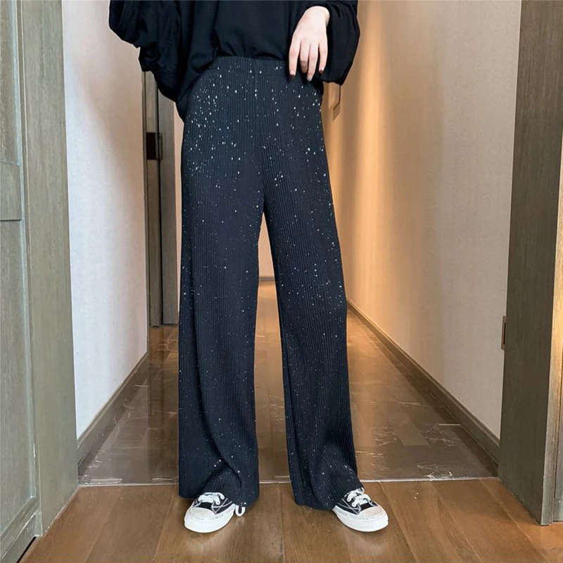 Mxzt – pantalon plissé à jambes larges pour femmes, taille haute, mode coréenne, noir, paillettes, élastique, droit, décontracté, Streetwear, nouveau