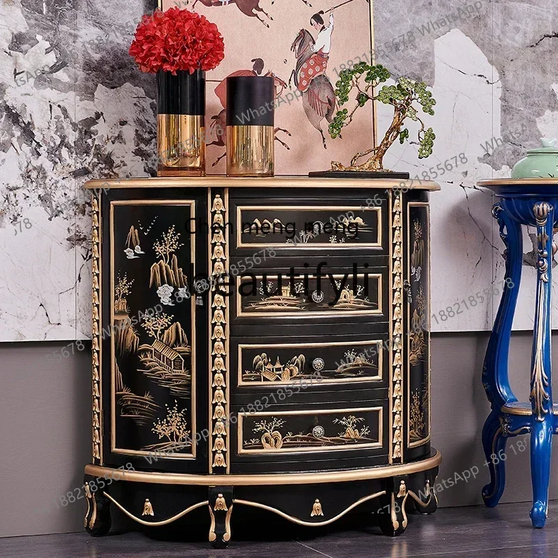 zqqNew Chinese classical European painting and carving black gold-painted semi-circular curved entrance table cabinetK182