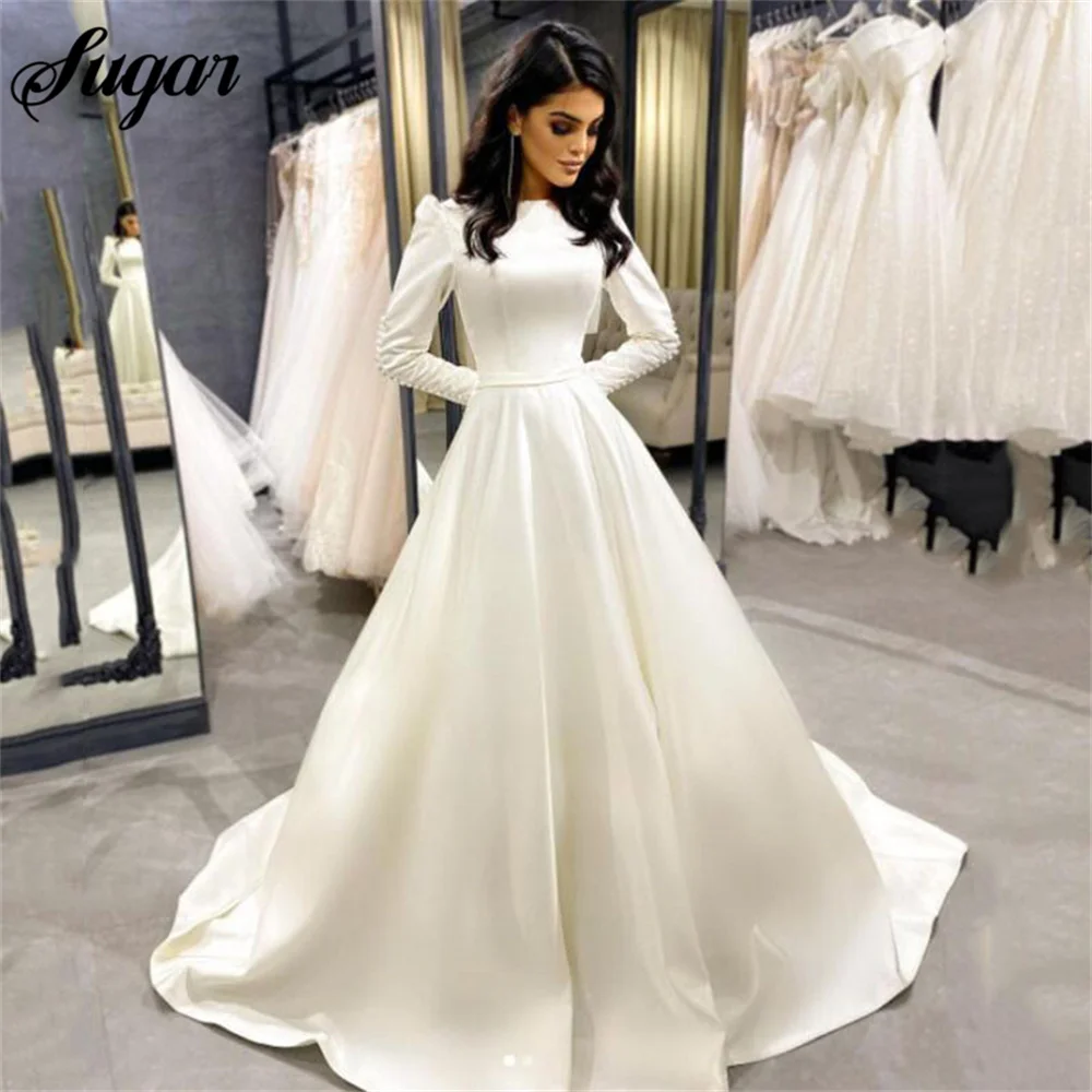 Vestido de novia de satén de manga larga, Vestido de princesa modesto, elegante, musulmán, con botones