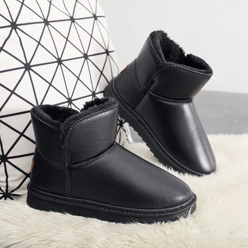 Winter leather waterproof snow boots men's cotton shoes anti slip and velvet short tube thick sole comfortable men's cotton boot