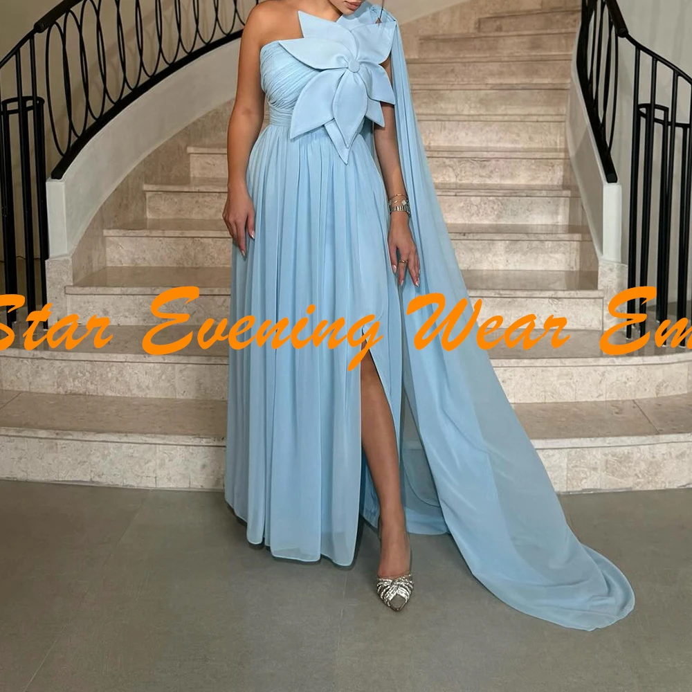 Graceful Front Slit Watteau Train Pleats Flowers Evening Dresses Exquisite A-Line Chiffon Blue Prom Gowns vestidos de fiesta