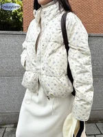 Warm Cute Sweet Women Coats Cotton Printed Florals Chic Elegant Loose Thicken New Daily Winter All Match High Street Parkas 2