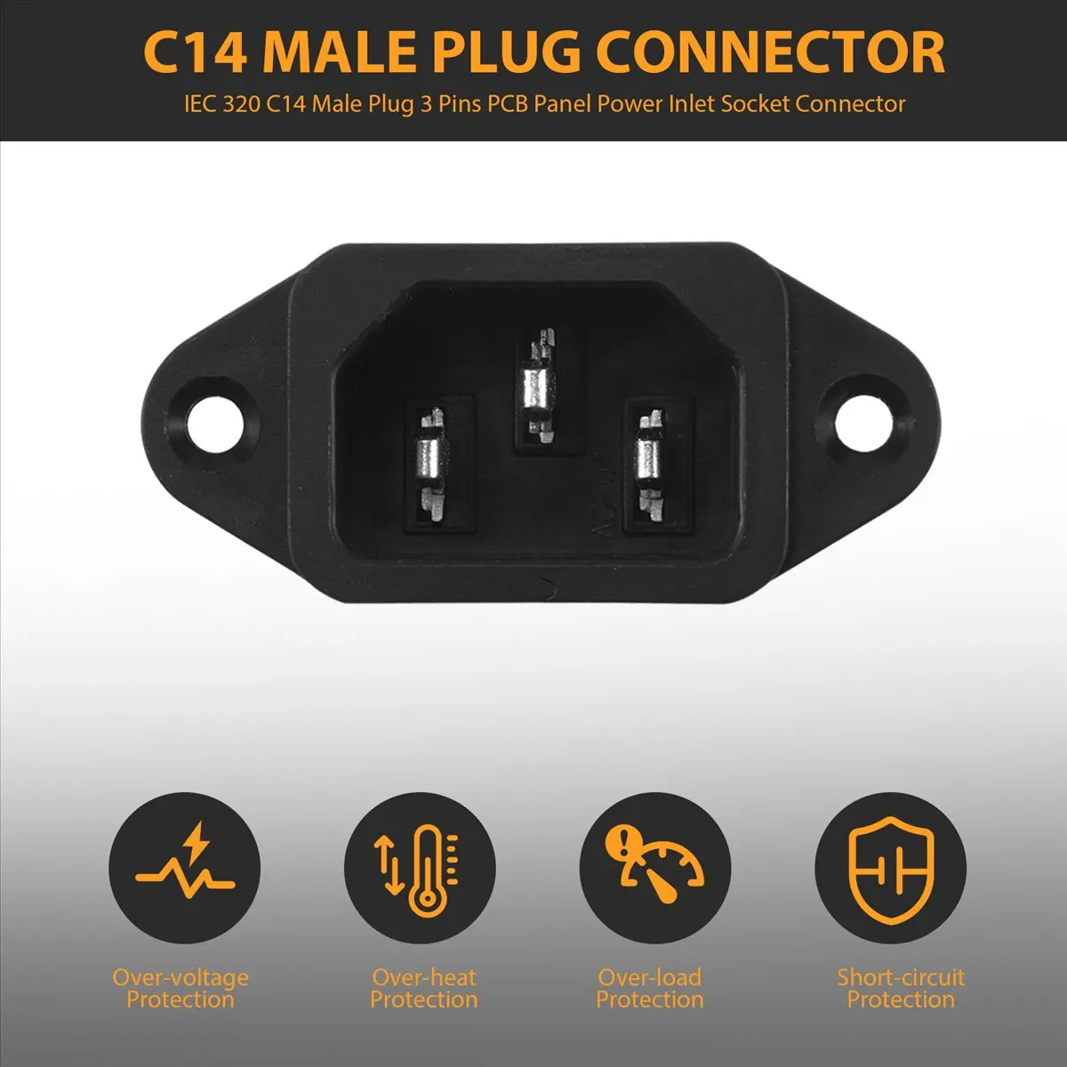 A14M IEC 320 C14 Male Plug 3 Pins PCB Panel Power Inlet Socket Connector