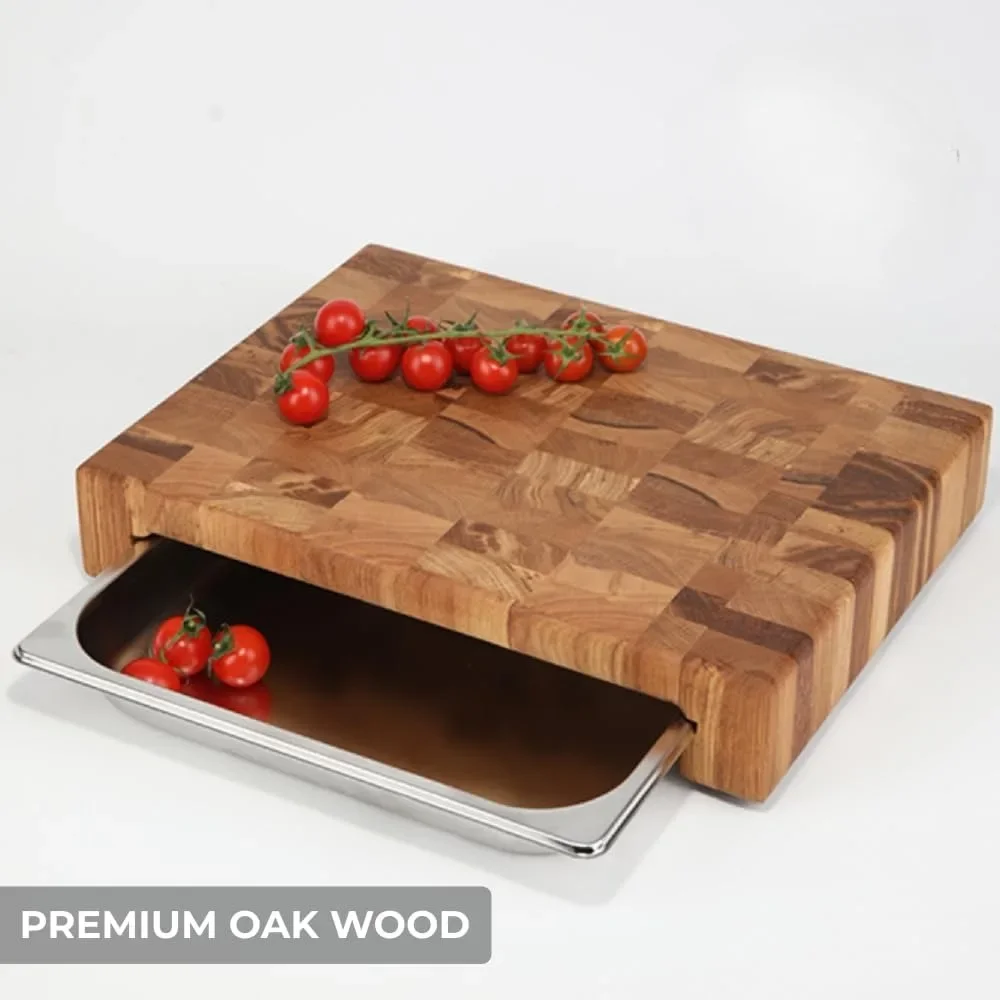 Wooden Board End Grain Butcher Block Cutting Board - Heavy Duty Meat Chopping Board With Stainless Steel Drip Tray Handles Wood