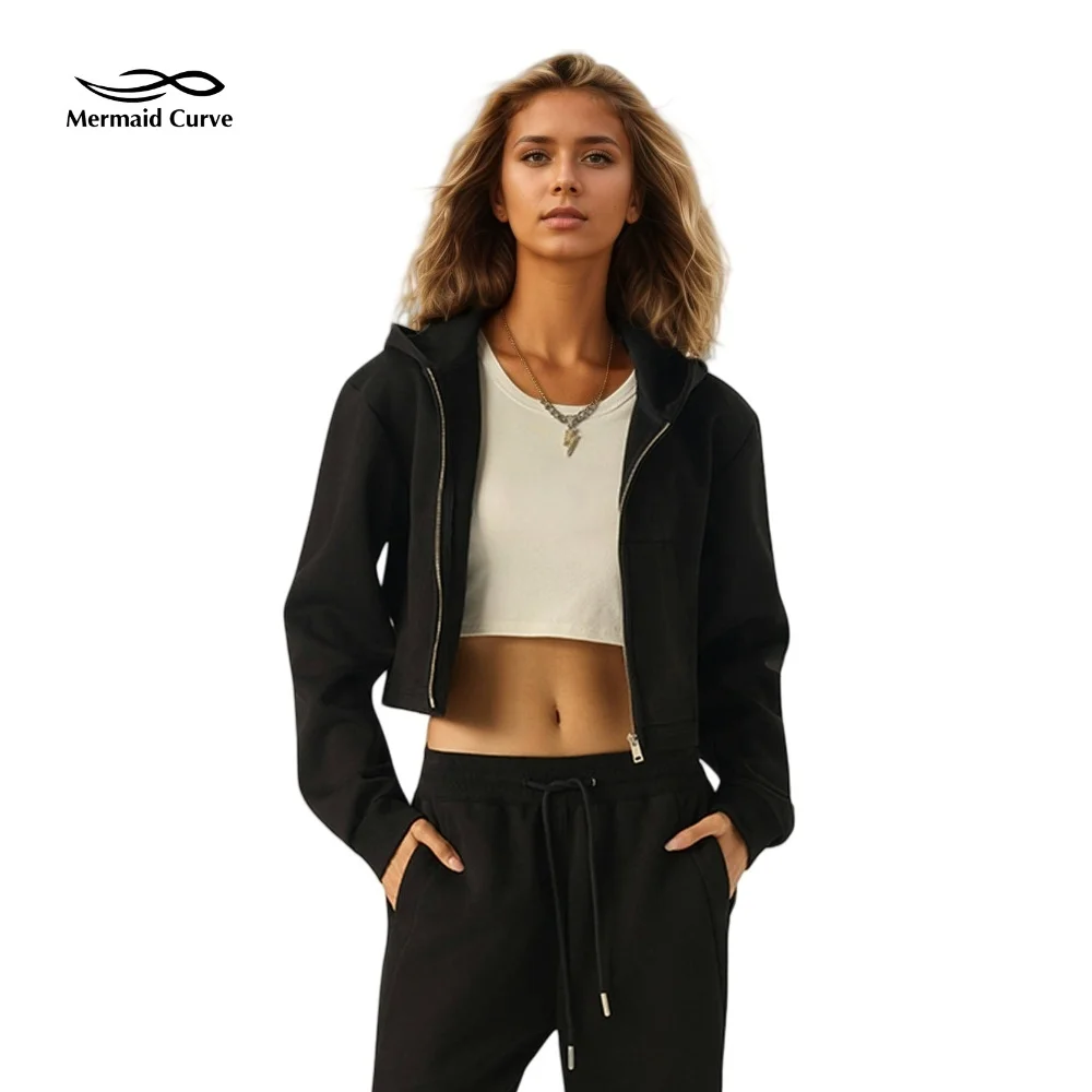 

Mermaid Curve Sweet Escape Zip Up Hoodie Women's Casual Sportswear Double Pocket Solid Color Hoodie