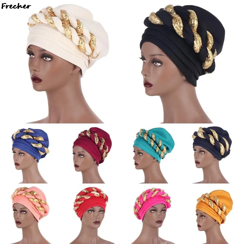 Arab Wrap Muslim Scarf Hijabs African Hats Headtie Sequin Braid Hat Women Pleated Beanie Headwrap Hair Cover Party Turban New