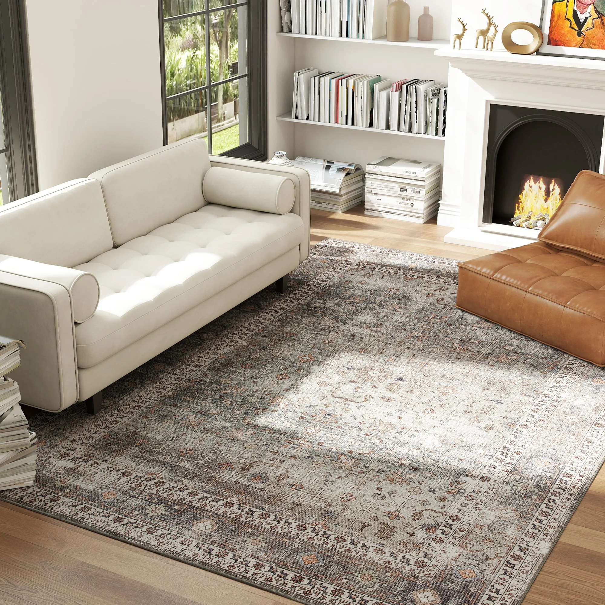 Area Rug 8x10, Machine Washable Rug, Non-Slip Traditional Floor Cover Foldable Carpet for Living Room, Bedroom, Dining Room, Dark Mixed-Brown
