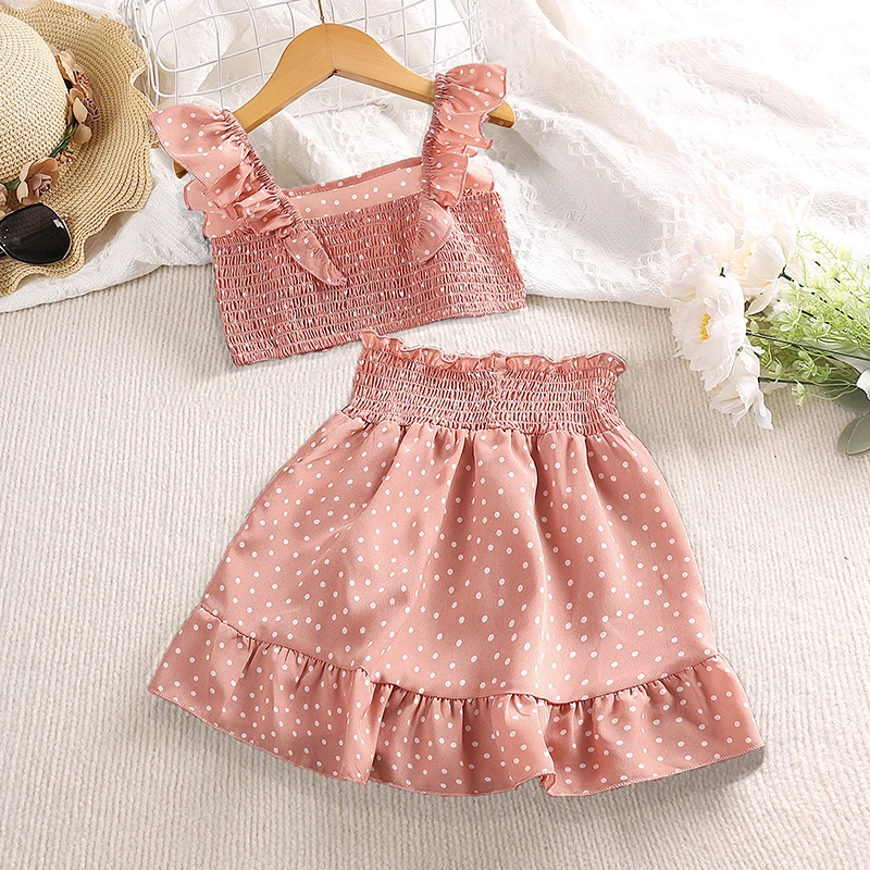 5-12 Years Cute Girl Red Flying Sleeve Square Collar Top & Red Skirt Fashion Sets Stylish Summer Vacation Party Daily Casual