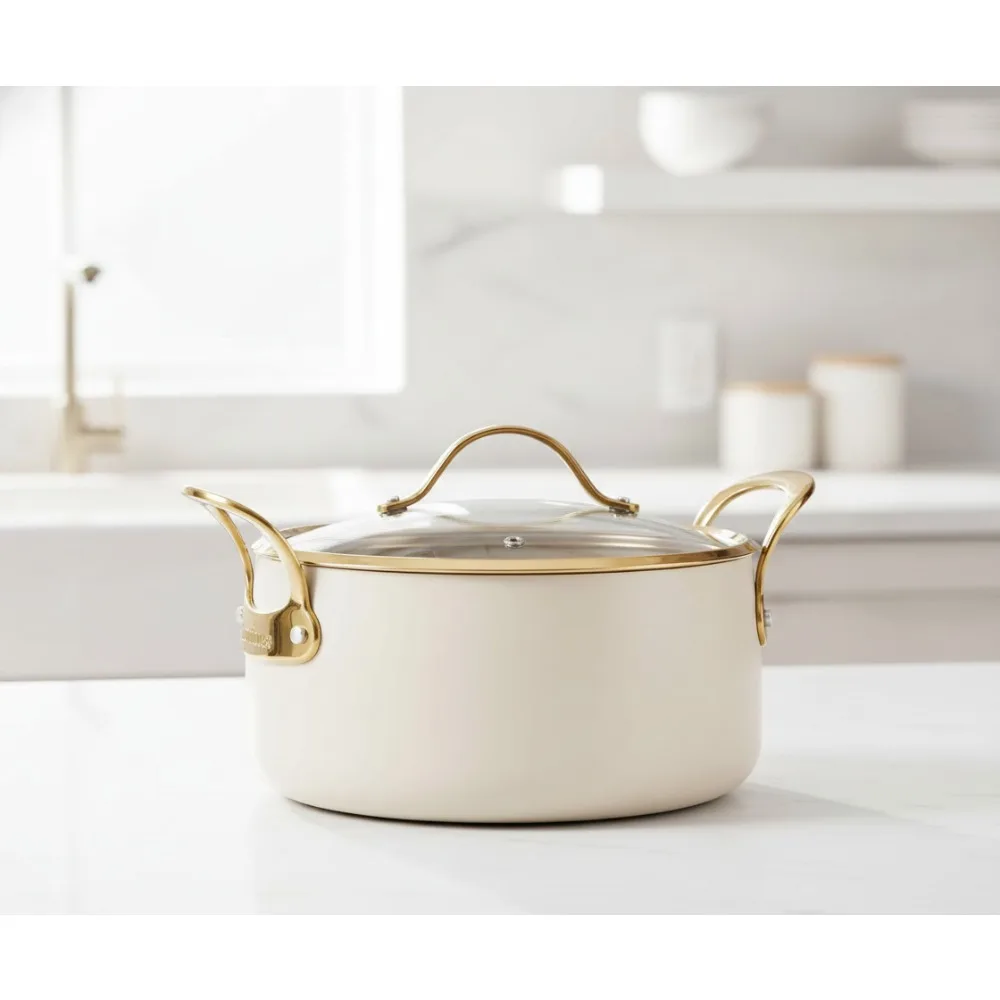 

6 Quart Heavy Duty Aluminum Dutch Oven Pot with Lid - PFA Free Ceramic Nonstick - Almond Cream Gold Handle