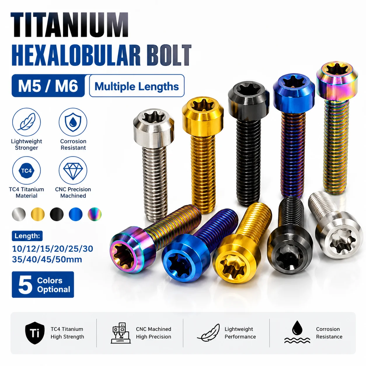 Titanium Torx Bolts M5 M6 M8x10 15 20 25 30 35 40 45 50 mm Motorcycle Bike Upgrade Screws TC4 Lightweight Anodized Fasteners