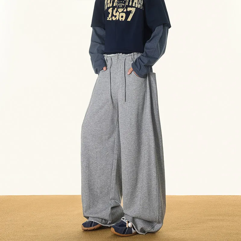 American Style Grey Frayed Wide Leg Men's Casual Pants Spring Loose Straight Tube Knife Leisure Trousers Youth Autumn Winter
