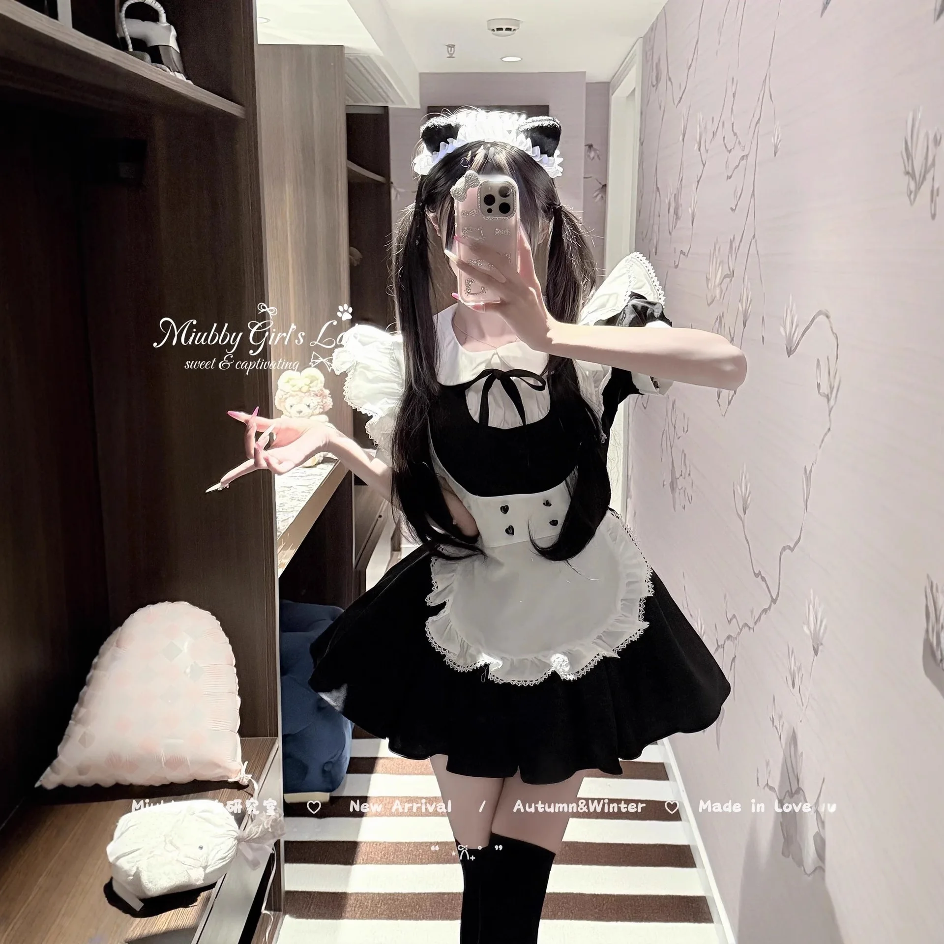 Fashion Black White Contrast Color Lady Cosplay Maid Dress Costume Anime Role-play Maid Cafe Apron Dress Set