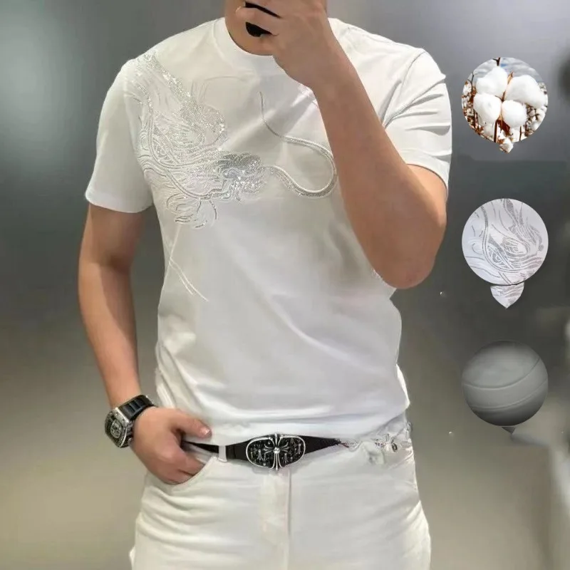 New Minimalist Summer Men's Round Neck Solid Color Fashion Casual Ethnic Style Rhinestone Slim Fit Short Sleeved T-shirt Tops