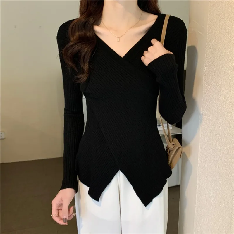 Kobiety Ladies Autumn Winter Slim Knitted Knitwear Knit V Neck Tops Long Sleeve Shirt Blouse Baju Baju Wanita Lengan Panjang