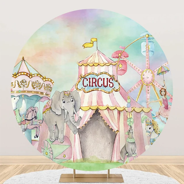 Custom Circus Theme Dumbo Round Backdrops Baby Shower Birthday Party Decor Popcorn Elephant Baby Shower Photo Background Banner