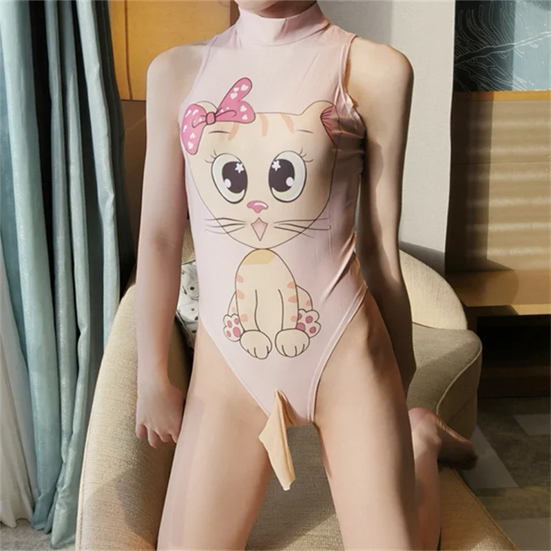 Mens Bodysuit Thong Leotard Sissy Pouch Penis Sheath Jumpsuit Japanese Anime Cartoon Stretch Swimsuit Gay Soft Smooth Pajamas