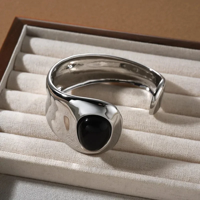 YISON New Europe America Black Agate Smooth Surface Wide Bracelet for Women High Quality Jewelry Trend Gifts