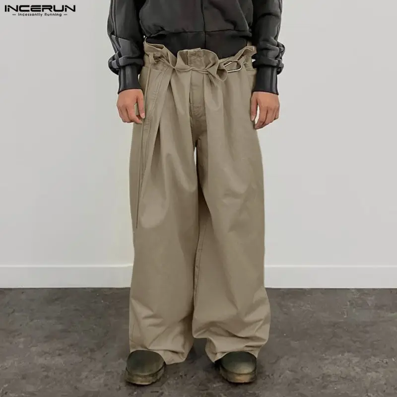 

Мужские брюки INCERUN, однотонные, плиссированные, на шнуровке, повседневные, широкие, в стиле стритвир, свободные, модные, длинные