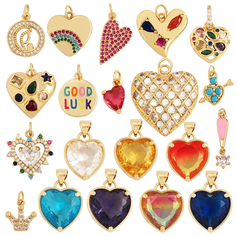 Trendy Crystal Heart Shape Charm Pendant,Colorful Zircon 18K Gold Plated Necklace Bracelet for Handmade Jewelry Accessories M78