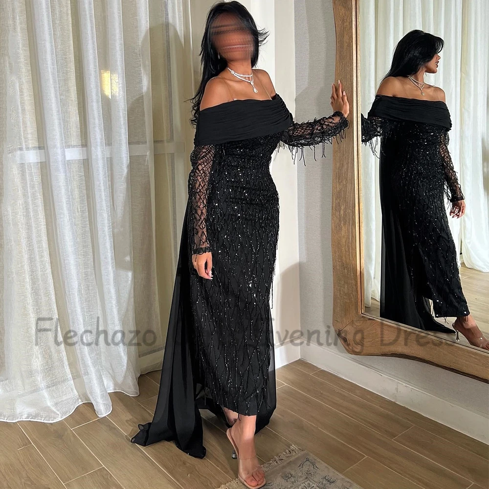 Flechazo Black Straight Evening Dress Boat Neck Off the Shoulder Long Sleeve with Beading Lace Ankle Length Pleat Custom Gown