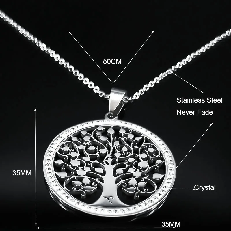 Tree of Life Crystal Stainless Steel Statement Necklace Women Silver Color Necklace Jewelry Christmas Gift collar mujer N49S03