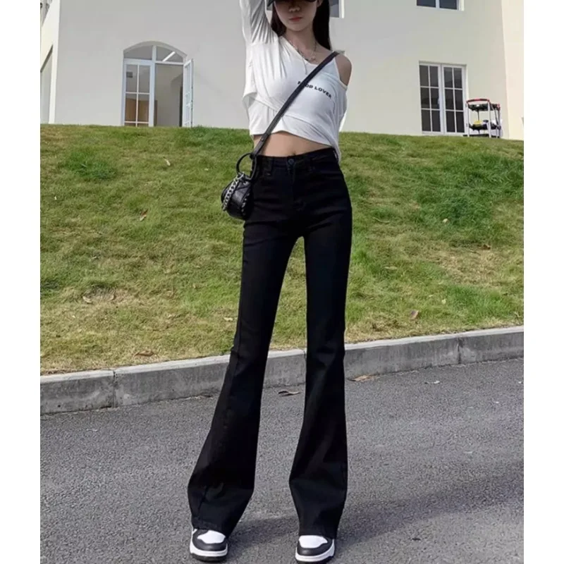 กางเกงยีนส์ทรงบานเอวสูงสไตล์วินเทจสำหรับผู้หญิง ปี 2025 กางเกงขากระดิ่งยืดหยุ่นสำหรับผู้หญิง กางเกงยีนส์สีพื้นสำหรับผู้หญิง สไตล์ลำลอง