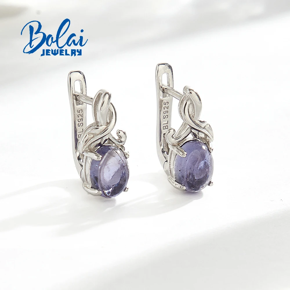 

925 Sterling Silver Tree Leaves Design Earrings Natural Iolite oval6*8mm gemstones Exquisite fine jewelry for party banquet wear