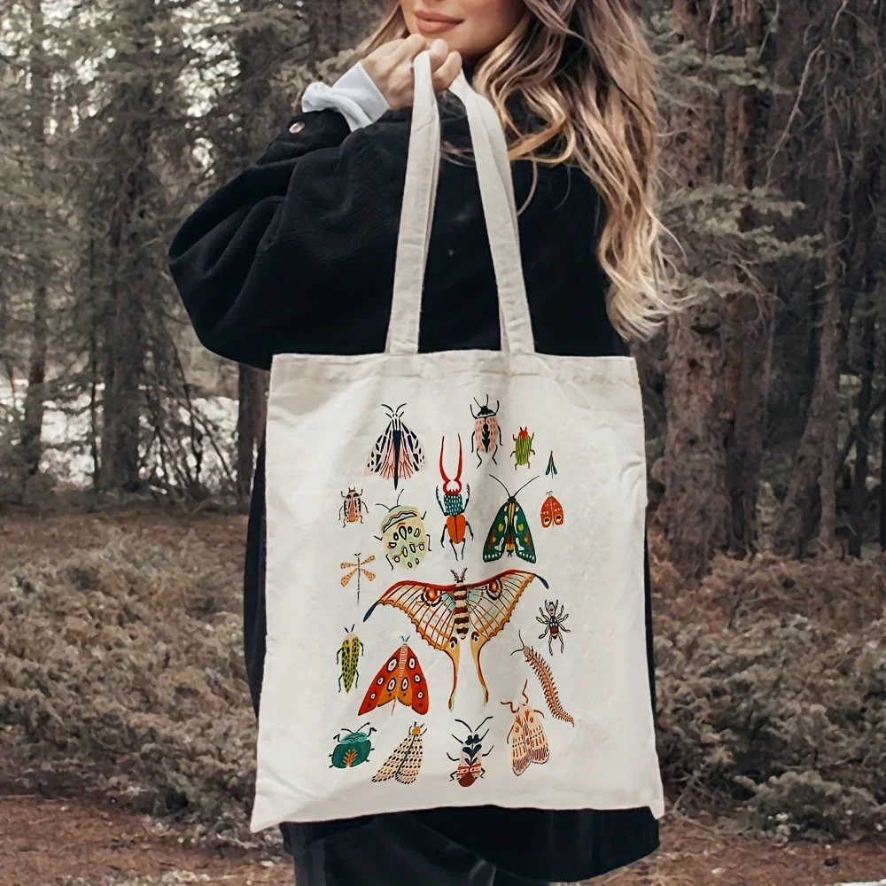 1pc, Colorful Insect Illustration Canvas Tote Bag Reusable Grocery Bags (35.05cm x 40.13cm), Stylish Shopping Bag for Daily Use,
