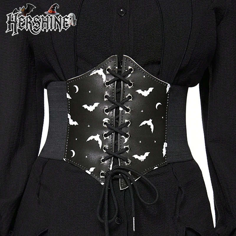 

HERSHINE, цельный женский черный стильный эластичный широкий пояс с принтом летучей мыши и луны, Y2K, готический панк, стиль Харадзюку, весна, лето