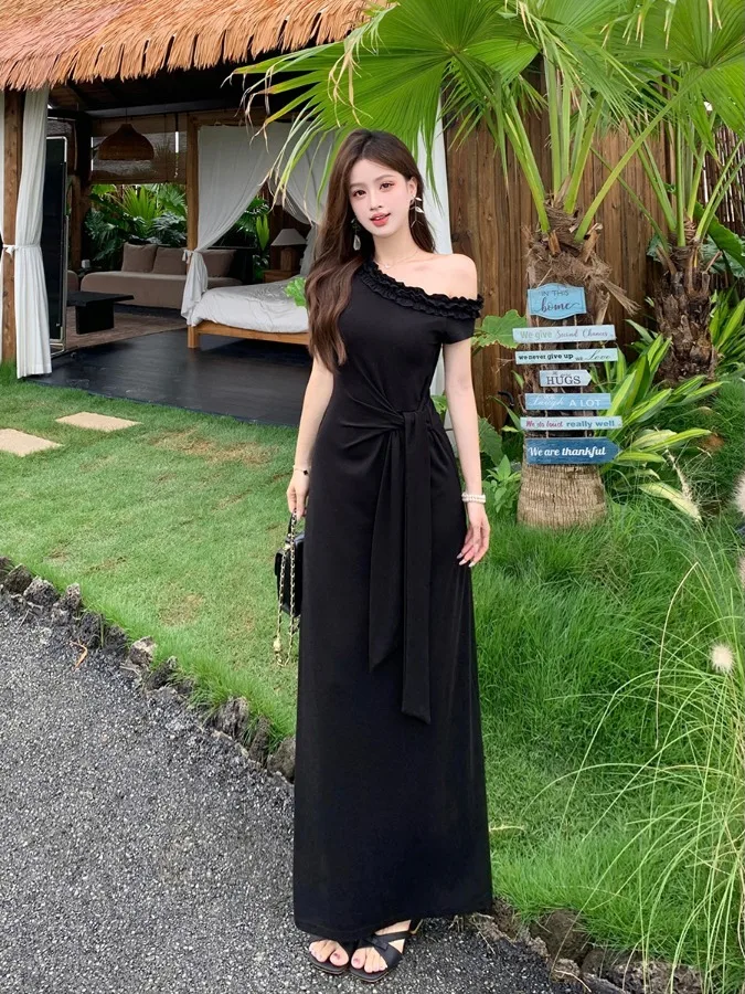 

plus Size Slimming Design Sensation Summer New Style High Waist A-Line Dress Belt Tie Short Sleeve Asymmetrical Shoulder Dress