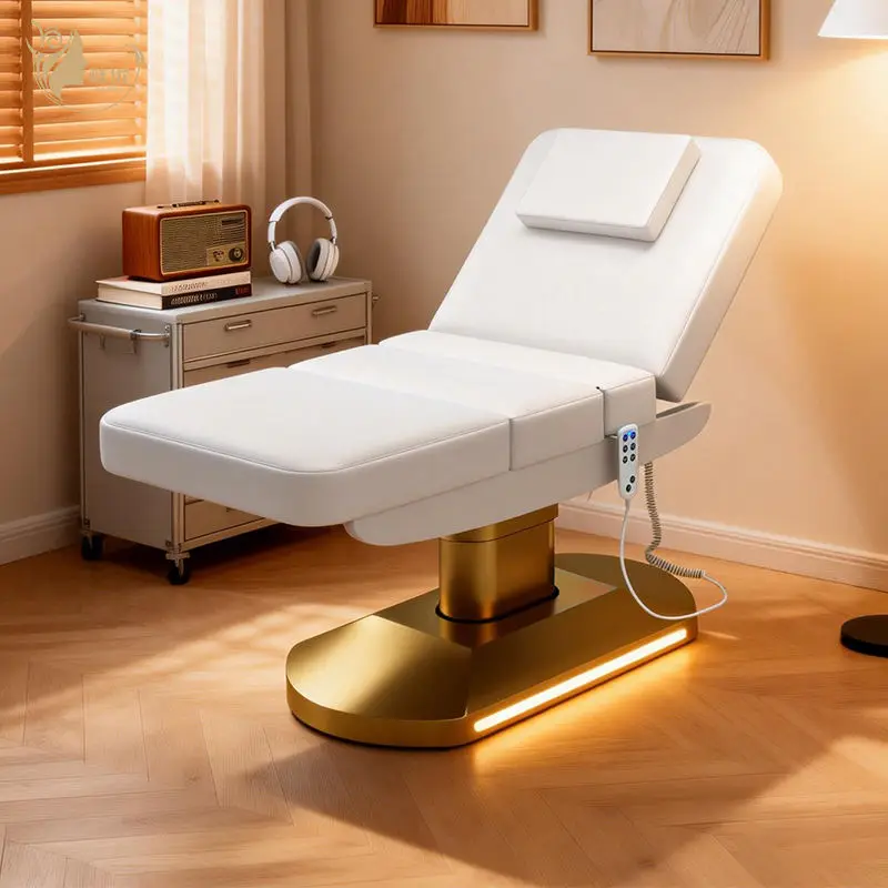 Professional Electric Massage Bed With Metal Frame And Buff Synthetic Leather For Spa Salon Facial Treatments